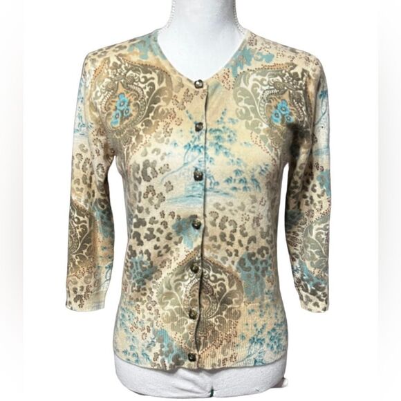 Kinross 100% Cashmere Leopard Victorian Print Sweater cardigan Size Small - Picture 1 of 8